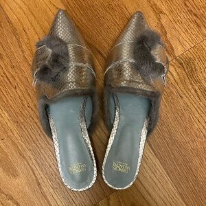 Frances Valentine Gray Snake Print Mules with Fur Trim
